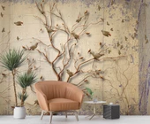 Sonbahar Kuş ve Ağaç Temalı Duvar Kağıdı Baskı thumbnail 6
