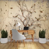 Sonbahar Kuş ve Ağaç Temalı Duvar Kağıdı Baskı thumbnail 4