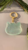 Parlak Mint Yeşili Gümüş Glitterli Gold Aksesuarlı Kedi köpek Yüzü Anahtarlık El Yapımı Epoksi - 7
