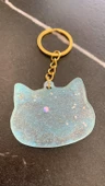 Parlak Mint Yeşili Gümüş Glitterli Gold Aksesuarlı Kedi köpek Yüzü Anahtarlık El Yapımı Epoksi - 6