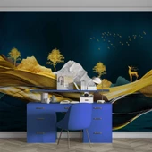 Moder Lacivert Gold Sanatsal Manzara Duvar Kağıdı Baskı thumbnail 4