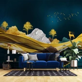 Moder Lacivert Gold Sanatsal Manzara Duvar Kağıdı Baskı thumbnail 1