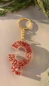 Ç Harfi Kırmızı Simli Pullu Gold Aksesuarlı Epoksi Anahtarlık El Yapımı Epoksi Hediyelik - 3