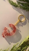 Ç Harfi Kırmızı Simli Pullu Gold Aksesuarlı Epoksi Anahtarlık El Yapımı Epoksi Hediyelik - 7