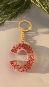 C Harfi Kırmızı Simli Pullu Gold Aksesuarlı Epoksi Anahtarlık El Yapımı Epoksi Hediyelik - 3