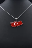 Türk Bayrağı ( Ay Yıldızlı ) Mineli  925 Ayar Gümüş Kolye Zincir 901119 - 8