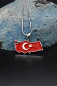 Türk Bayrağı ( Ay Yıldızlı ) Mineli  925 Ayar Gümüş Kolye Zincir 901119 - 6