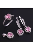 Gümüş Pembe Zirkon Taşlı Kalp Modeli Dörtlü Set (YÜZÜK, BİR ÇİFT KÜPE, KOLYE UCU) thumbnail 2
