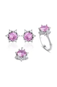 925 Ayar Gümüş Pembe Zirkon Taşlı Dörtlü Set (Yüzük, Bir Çift Küpe, Kolye Ucu) - 1