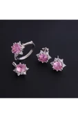 925 Ayar Gümüş Pembe Zirkon Taşlı Dörtlü Set (Yüzük, Bir Çift Küpe, Kolye Ucu) - 2