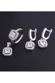Gümüş (925 Ayar) Kare Zirkon Taşlı Zarif Dörtlü Set(Yüzük, Bir Çift Küpe, Kolye Ucu) thumbnail 2