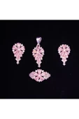 Damla Zirkon Pembe Taşlı Frapan Dörtlü Set  925 Ayar Gümüş (Yüzük, Bir Çift Küpe, Kolye Ucu) - 1