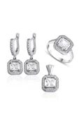 Gümüş (925 Ayar) Kare Zirkon Taşlı Zarif Dörtlü Set(Yüzük, Bir Çift Küpe, Kolye Ucu) thumbnail 1