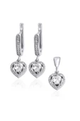 Gümüş (925 Ayar) Zirkon Taşlı Kalp Modeli Zarif Üçlü Set(Bir Çift Küpe, Kolye ucu)) thumbnail 1