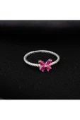 Koyu Pembe Renkli Zirkon Taşlı Çıtır Kelebek Model Yüzük 925 Ayar Gümüş - 3