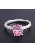 Elips Tek Taşlı Açık Pembe Renk Frapan Yüzük 925 Ayar Gümüş thumbnail 2
