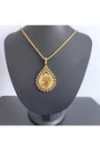 Zirkon Taşlı Damla Modeli Tuğralı 6.5 cm Bijuteri Kolye Ucu 22 Ayar Altın Kaplama thumbnail 3