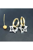 Zirkon Taşlı İki Yıldızlı Altın ve Gümüş Çift Renk Kaplama Bijuteri Küpe thumbnail 1