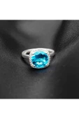 Yuvarlak Tek Taşlı Mavi Renkli Frapan Yüzük 925 Ayar Gümüş - 5