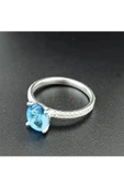 Elips Tek Taşlı Açık Mavi Renk Frapan Yüzük 925 Ayar Gümüş - 2