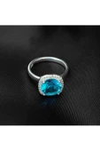 Yuvarlak Tek Taşlı Mavi Renkli Frapan Yüzük 925 Ayar Gümüş - 4