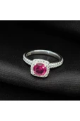 Koyu Pembe Renkli Yuvarlak Tek Taş Yüzük 925 Ayar Gümüş - 1
