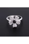 Ortası Siyah Renkli Tek Taş Çiçek Modeli Yüzük 925 Ayar Gümüş - 2