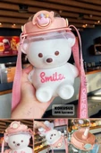Şeffaf Smile Pink Ayıcık Su Matarası 1000ml Askılı Çocuk Su Şişesi Pipetli Sızdırmaz Kokusuz Suluk - 1