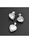 Tek Taş Kalp Modeli Üçlü Set (925 Ayar) Gümüş (Bir Çift Küpe, Kolye ucu) thumbnail 2