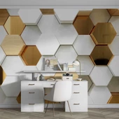 3 Boyutlu Beyaz, Gold, Ahşap Altıgen Geometri Duvar Kağıdı Baskı thumbnail 4