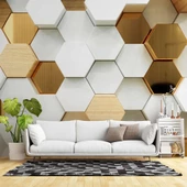 3 Boyutlu Beyaz, Gold, Ahşap Altıgen Geometri Duvar Kağıdı Baskı thumbnail 1