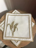 NİVEMESHOME BAŞAK NAKIŞLI GOLD KARE (6 ADET) KETEN KOKTEYL PEÇETESİ KAHVE YANI SUNUMLUK - 3