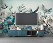 3 Boyutlu Çiçek ve Kuş Kabartma Görünümlü Duvar Kağıdı Baskı thumbnail 3