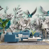 3 Boyutlu Çiçek ve Kuş Kabartma Görünümlü Duvar Kağıdı Baskı thumbnail 1