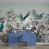 3 Boyutlu Çiçek ve Kuş Kabartma Görünümlü Duvar Kağıdı Baskı thumbnail 4