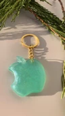 Parlak Mint Yeşili Renk Gold Aksesuarlı Apple Elma Şekil Anahtarlık El Yapımı Epoksi - 3