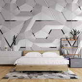3 Boyutlu Beyaz Geometrik Kabartma Görünümlü Duvar Kağıdı Baskı thumbnail 2