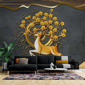 3 Boyutlu Altın Çiçek ve Geyik Duvar Kağıdı Baskı thumbnail 1