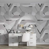 3 Boyutlu Beyaz Geometrik Kabartma Görünümlü Duvar Kağıdı Baskı thumbnail 4