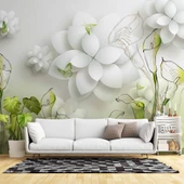 Beyaz Yeşil Çiçek Temalı Modern Duvar Kağıdı Baskı - 1