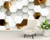 3 Boyutlu Gold Beyaz Altıgen Modern Duvar Kağıdı Baskı thumbnail 5