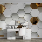 3 Boyutlu Gold Beyaz Altıgen Modern Duvar Kağıdı Baskı thumbnail 4