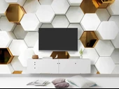 3 Boyutlu Gold Beyaz Altıgen Modern Duvar Kağıdı Baskı thumbnail 3