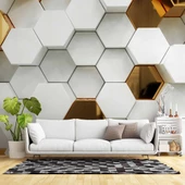 3 Boyutlu Gold Beyaz Altıgen Modern Duvar Kağıdı Baskı thumbnail 1