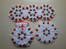 Banyo Lifi Yün El Örmesi 3'lü Ceyizlik Seti Çiçek Desenli TURUNCU - 1