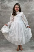 Kız Çocuk Kolları ve Yakası Şeffaf Tül ve Fırfır Detaylı Beyaz Elbise thumbnail 3