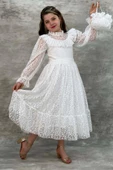 Kız Çocuk Kolları ve Yakası Şeffaf Tül ve Fırfır Detaylı Beyaz Elbise thumbnail 2