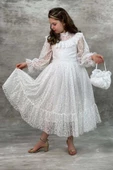 Kız Çocuk Kolları ve Yakası Şeffaf Tül ve Fırfır Detaylı Beyaz Elbise thumbnail 1