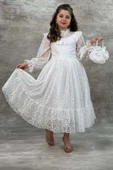 Kız Çocuk Kolları ve Yakası Şeffaf Tül ve Fırfır Detaylı Beyaz Elbise thumbnail 4