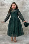 Kız Çocuk Kolları ve Yakası Şeffaf Tül ve Fırfır Detaylı Yeşil Elbise thumbnail 2